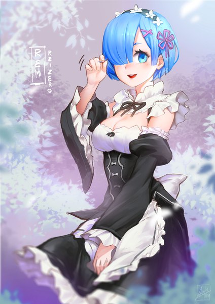 Anime picture 1629x2305 with re:zero kara hajimeru isekai seikatsu white fox rem (re:zero) asuka111 single long hair tall image blush fringe short hair open mouth blue eyes smile standing signed blue hair looking away cleavage blunt bangs wind