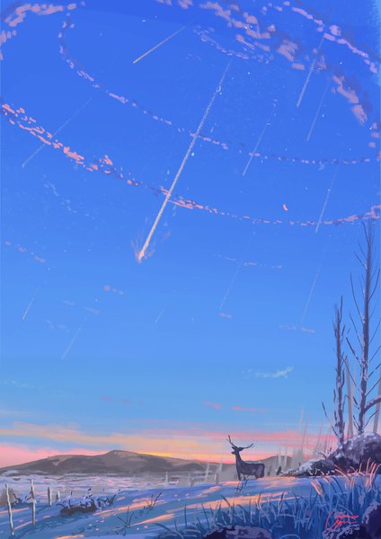 Anime picture 1200x1697 with original niko p tall image sky winter snow mountain no people nature shooting star morning sunrise plant (plants) animal star (stars) grass deer