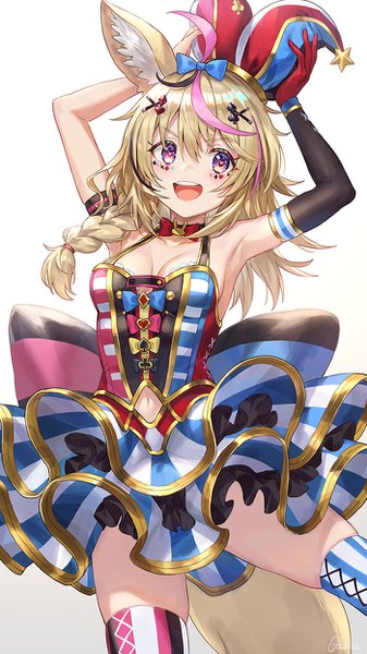 Anime picture 700x1244 with virtual youtuber hololive omaru polka guchico single long hair tall image fringe open mouth simple background blonde hair hair between eyes white background purple eyes animal ears cleavage tail braid (braids) :d animal tail