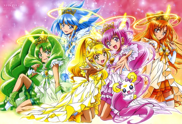 イラスト 6012x4085 と プリキュア スマイルプリキュア! 東映アニメーション 青木れいか 黄瀬やよい 緑川なお 星空みゆき hino akane (smile precure!) キュアビューティ キュアピース キュアハッピー cure march cure sunny キャンディ(プリキュア) kawamura toshie 長髪 highres 開いた口 青い目 金髪