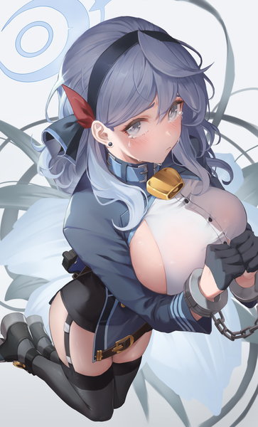 Anime picture 2600x4300 with blue archive ako (blue archive) netural single long hair tall image fringe highres breasts light erotic hair between eyes large breasts from above grey hair grey eyes tears sideboob bell collar girl thighhighs