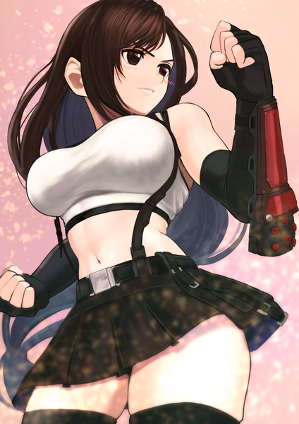 Anime picture 1400x1980 with final fantasy final fantasy vii final fantasy vii remake square enix tifa lockhart izawa koushi single long hair tall image blush fringe breasts light erotic simple background brown hair large breasts standing bare shoulders brown eyes looking away