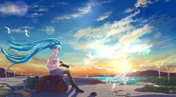 Anime picture 3860x2148 with vocaloid hatsune miku canji0 single highres wide image sitting twintails absurdres sky cloud (clouds) very long hair aqua eyes aqua hair girl dress animal pantyhose black pantyhose bird (birds)