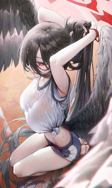 Anime picture 1643x2764 with blue archive hasumi (blue archive) hasumi (gym uniform) (blue archive) ttutto single tall image fringe breasts open mouth light erotic black hair hair between eyes red eyes large breasts sitting looking away full body outdoors very long hair barefoot