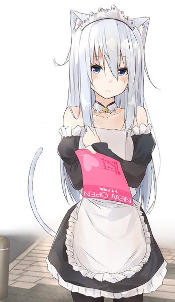 Anime picture 1500x2580 with kantai collection hibiki destroyer saku (kudrove) single long hair tall image blush fringe blue eyes hair between eyes standing holding animal ears silver hair tail long sleeves animal tail cat ears cat girl cat tail