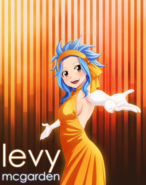 Anime picture 2375x3000 with fairy tail levy mcgarden akilachione single long hair tall image highres open mouth smile brown eyes blue hair inscription coloring spread arms girl dress gloves elbow gloves hairband
