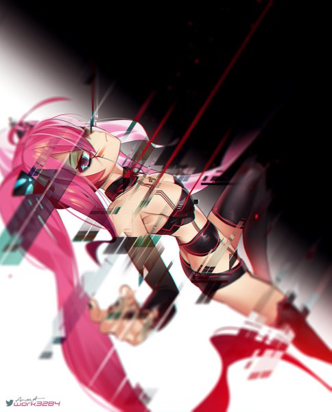 Anime picture 1210x1500 with sound voltex grace (sound voltex) fu-mi.a single long hair tall image blush fringe breasts light erotic hair between eyes twintails signed payot looking away pink hair pink eyes girl thighhighs black thighhighs