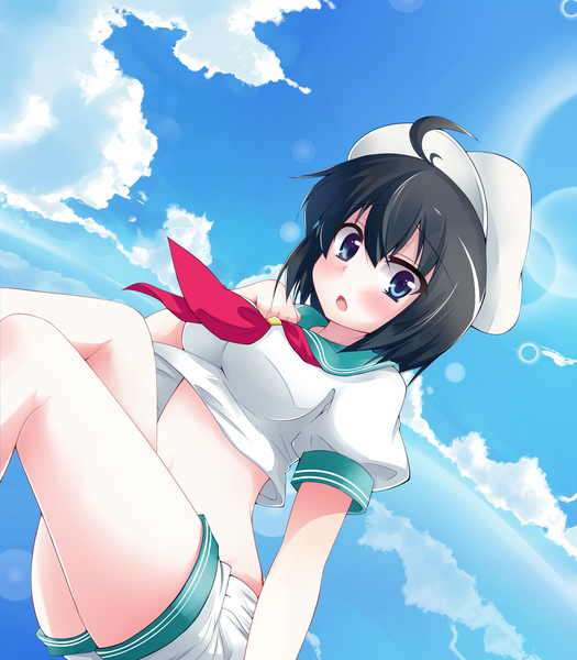 Anime picture 1300x1485 with touhou murasa minamitsu kazami chiu single tall image blush short hair open mouth blue eyes black hair sky cloud (clouds) ahoge midriff girl hat shirt shorts sailor suit white shorts