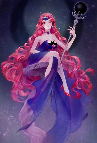 Anime picture 1205x1772 with bishoujo senshi sailor moon toei animation queen beryl heather37 single tall image looking at viewer breasts light erotic red eyes large breasts sitting cleavage red hair very long hair nail polish fingernails high heels legs crossed legs