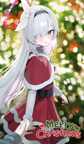 Anime picture 2022x3444 with blue archive sensei (blue archive) plana (blue archive) loloco long hair tall image looking at viewer blush fringe highres silver hair blurry hair over one eye :o grey eyes christmas solo focus merry christmas girl ribbon (ribbons)