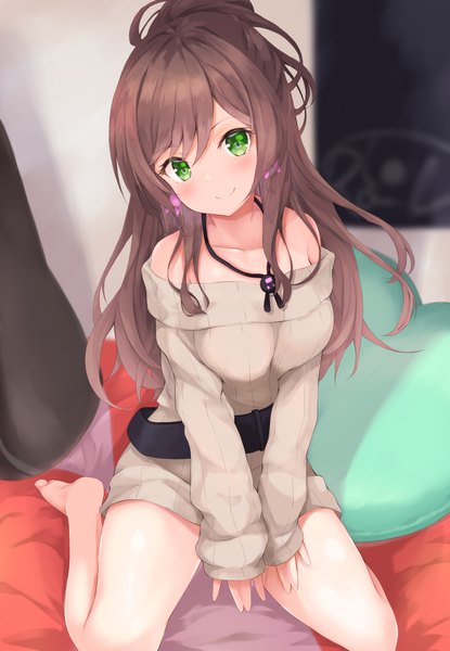 Anime picture 811x1173 with bang dream! imai lisa kurai masaru single long hair tall image looking at viewer blush fringe breasts smile hair between eyes brown hair sitting bare shoulders green eyes payot indoors head tilt barefoot