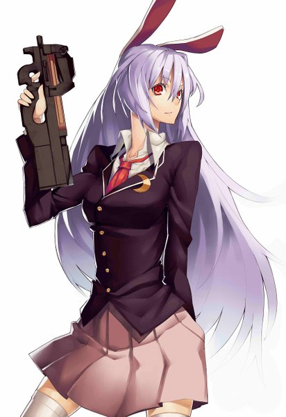 Anime picture 878x1278 with touhou reisen udongein inaba scottie (phantom2) single long hair tall image looking at viewer fringe simple background hair between eyes red eyes standing white background holding animal ears purple hair pleated skirt light smile bunny ears open collar