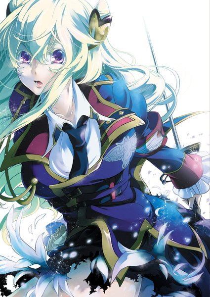 Anime picture 1000x1410 with code geass code geass boukoku no akito leila malcal single long hair tall image breasts open mouth blonde hair simple background large breasts white background twintails purple eyes girl uniform hair ornament weapon sword necktie