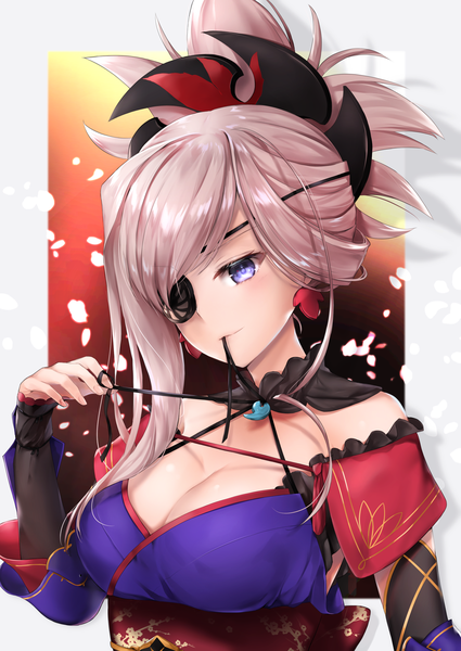 Anime picture 2150x3035 with fate (series) fate/grand order miyamoto musashi (fate) hane yuki single long hair tall image looking at viewer blush fringe highres breasts blue eyes light erotic simple background large breasts holding pink hair cleavage upper body