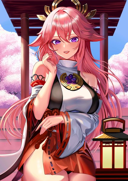 Anime picture 2481x3507 with genshin impact yae miko ronikx art single long hair tall image looking at viewer blush fringe highres light erotic smile hair between eyes standing purple eyes bare shoulders animal ears pink hair traditional clothes parted lips