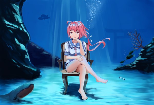 Anime picture 1500x1022 with kantai collection i-168 submarine i-168 (kantai collection) single long hair looking at viewer smile red eyes sitting pink hair barefoot bare legs crossed legs underwater girl glasses serafuku
