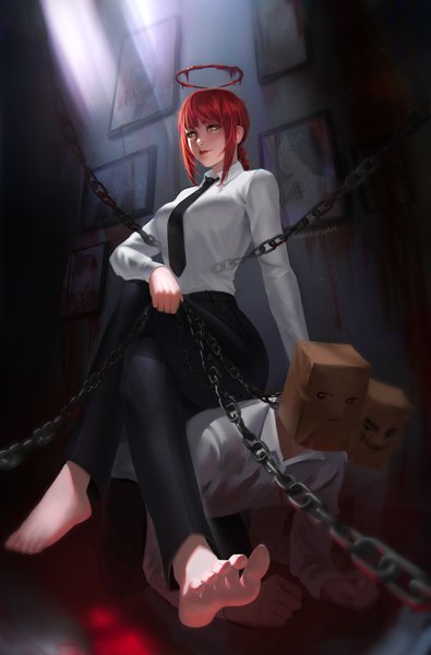 Anime-Bild 3291x5000 mit chainsaw man mappa makima (chainsaw man) mattikarp long hair tall image looking at viewer highres smile sitting holding signed yellow eyes absurdres full body red hair indoors long sleeves barefoot multiple boys