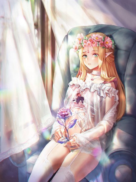 Anime picture 1500x2000 with original kone (zhsiddl010) single long hair tall image looking at viewer blush fringe light erotic blonde hair sitting holding green eyes parted lips wind pointy ears girl thighhighs underwear panties