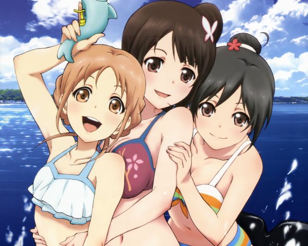 Anime picture 2560x2048 with tari tari p.a. works okita sawa sakai wakana miyamoto konatsu blush highres open mouth black hair blonde hair multiple girls brown eyes absurdres cloud (clouds) alternate hairstyle hair up girl navel swimsuit bikini