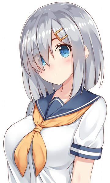 Anime picture 600x1000 with kantai collection hamakaze destroyer hiiragi hajime single tall image looking at viewer blush fringe short hair breasts blue eyes simple background white background silver hair upper body head tilt hair over one eye short sleeves girl uniform