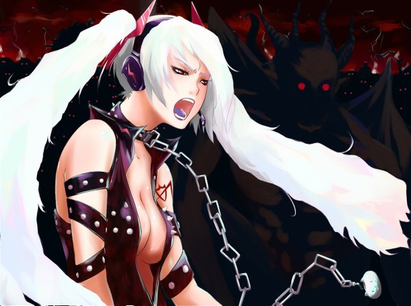 Anime picture 1199x893 with type-h vocaloid hagane miku nanahime (aoi) long hair open mouth light erotic red eyes twintails white hair horn (horns) alternate costume alternate hairstyle demon alternate color girl headphones chain