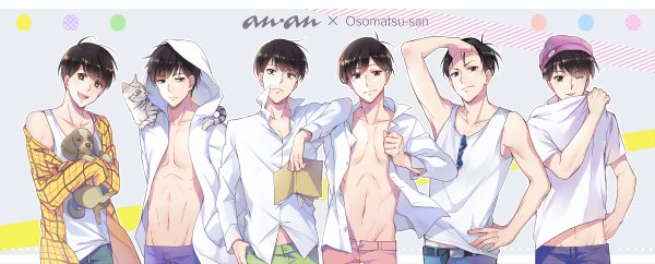 Anime picture 1200x484 with osomatsu-san matsuno osomatsu matsuno karamatsu matsuno ichimatsu matsuno choromatsu matsuno todomatsu matsuno juushimatsu ekita xuan looking at viewer fringe short hair open mouth light erotic black hair simple background wide image looking away ahoge long sleeves :d