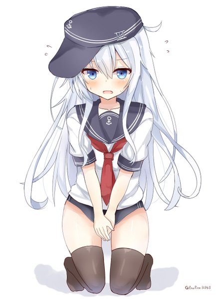 Anime picture 1000x1340 with kantai collection hibiki destroyer pinoaisu single long hair tall image blush fringe open mouth blue eyes light erotic simple background hair between eyes white background silver hair full body ahoge short sleeves sweat no shoes