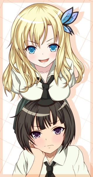 Anime picture 952x1800 with boku wa tomodachi ga sukunai kashiwazaki sena mikazuki yozora black bitou long hair tall image looking at viewer blush short hair open mouth blue eyes black hair blonde hair smile purple eyes multiple girls girl skirt uniform hair ornament