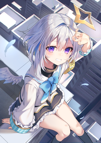 Anime picture 2894x4093 with virtual youtuber hololive amane kanata amane kanata (1st costume) fuyoyo single tall image looking at viewer fringe highres short hair smile hair between eyes sitting purple eyes silver hair arm up from above grin white wings