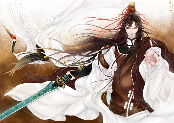 Anime picture 1500x1064 with tagme (copyright) dk (pixiv) long hair brown hair traditional clothes outstretched arm hieroglyph boy hair ornament weapon animal sword bird (birds) crane (bird)