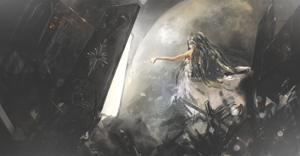 Anime picture 2200x1148 with original 5esrs single long hair highres black hair wide image profile black eyes outstretched arm light pointing destruction girl dress sundress planet door