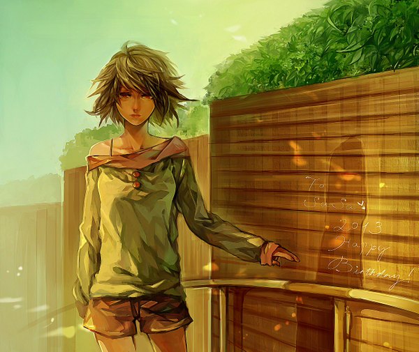 Anime picture 2570x2166 with terrie923 single looking at viewer fringe highres breasts brown hair standing brown eyes lips off shoulder happy birthday girl plant (plants) shorts