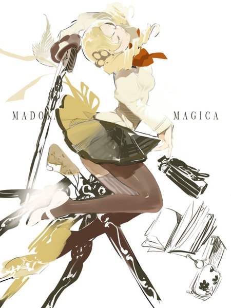 Anime picture 768x1024 with mahou shoujo madoka magica shaft (studio) tomoe mami do nko single long hair tall image simple background blonde hair white background twintails eyes closed inscription drill hair jumping magical girl hat removed girl thighhighs skirt
