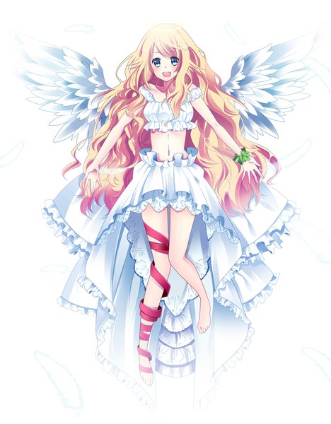 Anime picture 1800x2304 with original yuika (yurika712) single long hair tall image blush highres open mouth blue eyes simple background blonde hair white background barefoot wavy hair angel wings girl navel ribbon (ribbons) feather (feathers)
