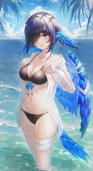 Anime picture 3274x6038 with original mirage (rairudiseu) single tall image looking at viewer blush fringe highres short hair breasts blue eyes light erotic black hair large breasts standing absurdres sky cleavage cloud (clouds) ahoge