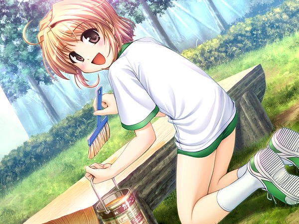 Anime picture 1200x900 with fortune arterial august soft yuuki kanade single looking at viewer blush short hair open mouth blonde hair holding brown eyes game cg ahoge bent knee (knees) outdoors :d looking back from behind kneeling soles