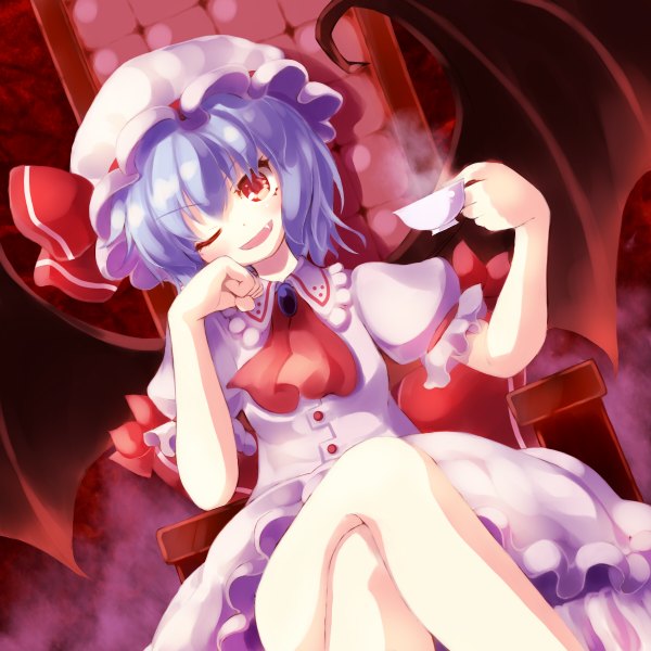 Anime picture 1200x1200 with touhou remilia scarlet gengetsu chihiro single blush short hair open mouth smile red eyes sitting blue hair one eye closed wink crossed legs demon wings girl ribbon (ribbons) wings chair hat ribbon