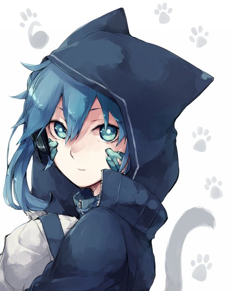 Anime picture 1000x1250 with kagerou project shaft (studio) ene (kagerou project) asuna (doruru-mon) single tall image looking at viewer short hair white background animal ears tail animal tail aqua eyes cat ears aqua hair cat tail portrait footprints girl