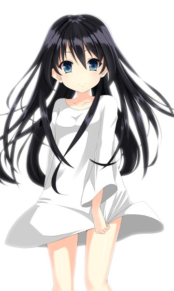 Anime picture 720x1200 with original aoki minami (+box) single long hair tall image looking at viewer blue eyes black hair simple background white background light smile girl dress