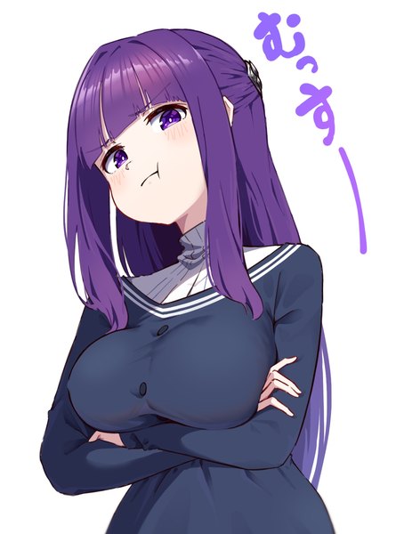Anime picture 1223x1617 with sousou no frieren fern (sousou no frieren) hyoe (hachiechi) single long hair tall image looking at viewer breasts light erotic simple background large breasts white background purple eyes purple hair upper body inscription crossed arms half updo :t girl