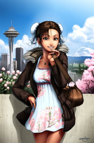 Anime picture 1000x1513 with street fighter chun-li omar-dogan single tall image short hair smile brown hair brown eyes sky cloud (clouds) lips hand on hip cherry blossoms city mountain girl dress plant (plants) tree (trees)
