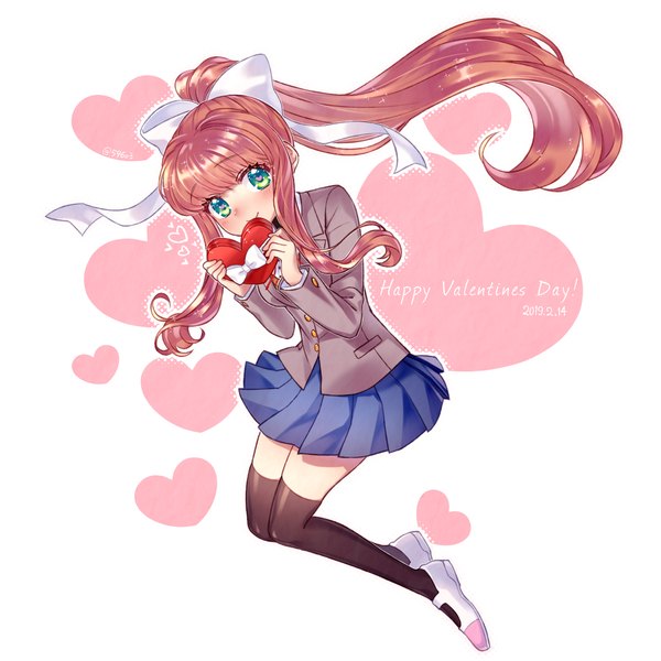 Anime picture 1500x1500 with doki doki literature club monika (doki doki literature club) nan (gokurou) single long hair looking at viewer blush fringe simple background smile brown hair holding green eyes signed payot full body bent knee (knees) ponytail blunt bangs long sleeves