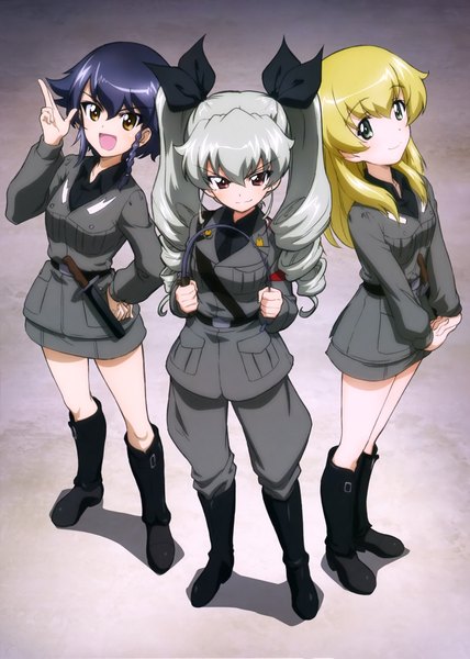 Anime picture 2895x4057 with girls und panzer anchovy (girls und panzer) carpaccio (girls und panzer) pepperoni (girls und panzer) long hair tall image highres black hair blonde hair twintails multiple girls brown eyes grey hair scan official art drill hair girl uniform bow hair bow
