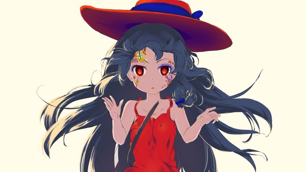Anime picture 3150x1772 with original mianbaoshi mengxiang single long hair looking at viewer highres black hair simple background red eyes wide image white background bare shoulders parted lips wallpaper sleeveless floating hair facial mark girl dress hat