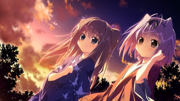 Anime picture 1280x720 with kotoba no kieta hi mizukashi aoi motoyon long hair blush short hair smile brown hair wide image multiple girls brown eyes pink hair game cg sky cloud (clouds) traditional clothes japanese clothes light smile girl 2 girls