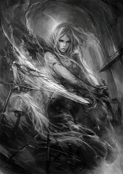 Anime picture 635x900 with muju single long hair tall image bare shoulders holding monochrome dual wielding girl weapon sword blood