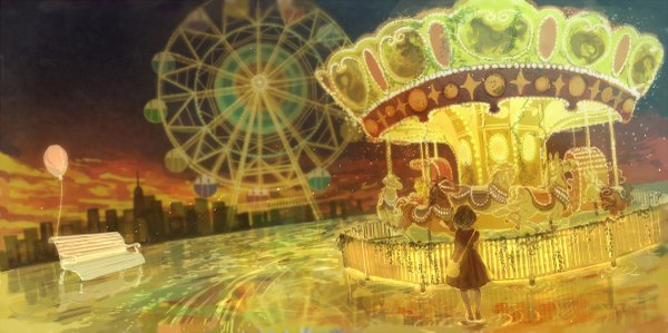 Anime picture 1200x599 with original pon-marsh single wide image sky evening sunset fantasy girl dress water bag bench balloon ferris wheel carousel amusement park