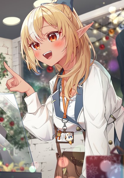 Anime picture 2800x4000 with virtual youtuber hololive shiranui flare elfriend (shiranui flare) tang-du single long hair tall image blush highres open mouth blonde hair smile looking away ponytail indoors long sleeves multicolored hair pointy ears blurry
