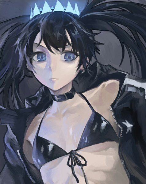 Anime picture 800x1008 with black rock shooter black rock shooter (character) modare single long hair tall image looking at viewer blue eyes black hair twintails open clothes open jacket pale skin uneven twintails girl choker jacket bikini top tiara