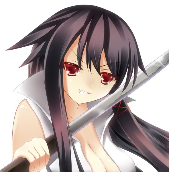 Anime picture 1657x1686 with original akine (kuroyuri) single long hair tall image black hair simple background smile red eyes white background girl weapon sword katana